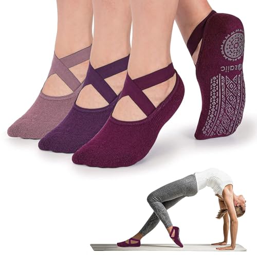 Ozaiic Pilates Socks for Women Non Slip Grip, Yoga Socks with Grippers for Barre, Hospital, Ballet, Dance, Barefoot Workout - color: 3 Pairs-purple/Rose Red/Bean Red