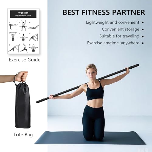 Yoga Stick 5ft, Adjustable Stretching Stick with 4 Steel Rods, Non-Slip Handle and Exercise Guide for Stretching and Exercise Physical Therapy, Pilates, Multi-Functional Fitness Stick.