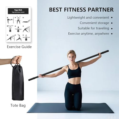 Yoga Stick 5ft, Adjustable Stretching Stick with 4 Steel Rods, Non-Slip Handle and Exercise Guide for Stretching and Exercise Physical Therapy, Pilates, Multi-Functional Fitness Stick.