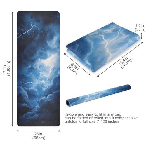 Kigai Travel Yoga Mat 71" x 24" Non Slip Natural Rubber Foldable Exercise Mat Ultra Thin 1.5mm Lightweight for Fitness, Pilates & Home Workout, Blue Lightning