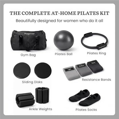 Premium 12pc Pilates Kit – 15 inch Pilates Ring and Ball Set w/ 1lbs Ankle Weights, Fabric Resistance Bands, Sliders, Yoga Socks & Gym Bag – Pilates Workout, Home Gym Equipment Accessories - color: Midnight Power (Black)