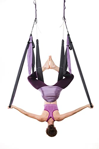Aerial Yoga Swing Set - Yoga Hammock Hanging Swing - Aerial Sling Inversion Fly Kit - Acro Yoga Inversion Tool - Antigravity Toga Sling - Suspension Trapeze (Grey-Lilac)