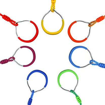 7PCS Colorful Ninja Rings - Gymnastic Rings, Swing Bar Rings, Monkey Rings, Climbing Rings Outdoor Backyard Play Sets Playground Equipment for Ninjaline Obstacle Accessories