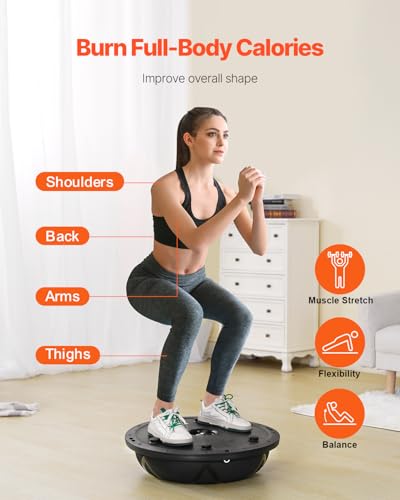 VEVOR Half Exercise Ball Trainer, 23/26 inch Balance Ball Trainer, 1500lbs Capacity Stability Ball, Yoga Ball with Resistance Bands & Foot Pump, Strength Fitness Ball for Home Gym Full Body Workout - color: 23" Particle Black