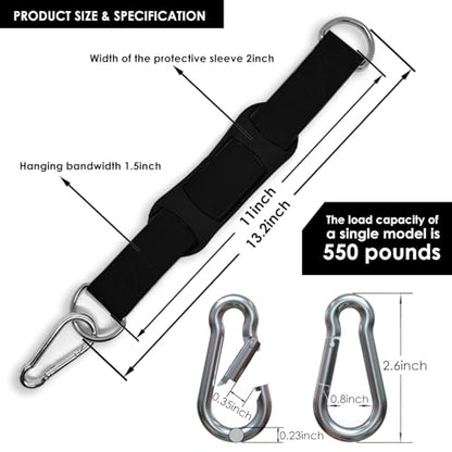 Hanging Straps Kit for Gymnastic Rings (2-Pack), Pull-Up Bar & Tree Swings, Gym & Travel–Anti-Slip Sling Saver Sleeves + Anti-Slip Locking Carabiners (Black)