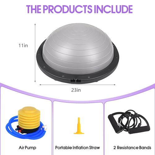 Half Balance Ball Trainer, 26 inch Stability Ball with Resistance Bands, Exercise Ball with Foot Pump, Gray