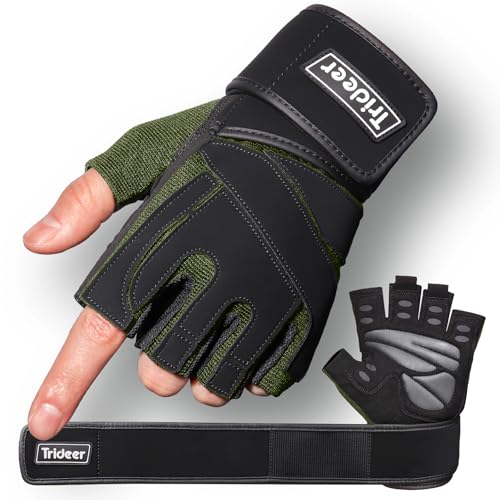 Trideer Workout Gloves for Men, Weight Lifting Gloves with Wrist Wrap Support, Full Palm Protection & Extra Grips for Weightlifting, Exercise, Cross Training, Fitness, Pull-up - color: OliveGreen-Black, size: Large