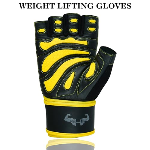 Premium Cowhide Leather Weight Lifting Gloves - Fingerless, Padded, Long Wrist Support, Gym Workout, Powerlifting, Bodybuilding, Fitness, Unisex Design for Men & Women