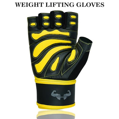 Premium Cowhide Leather Weight Lifting Gloves - Fingerless, Padded, Long Wrist Support, Gym Workout, Powerlifting, Bodybuilding, Fitness, Unisex Design for Men & Women