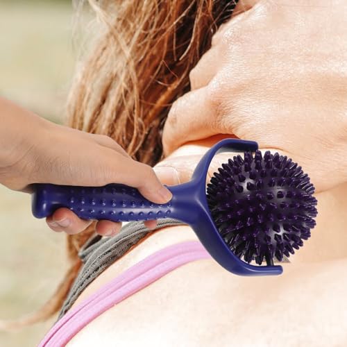 Yardwe Handheld Yoga Massage Stick with Spiky Ball, Large Muscle Roller for Shoulder and Calves, Portable Stretching Stick for Gym and Pilates Posture Correction, Blue and Purple