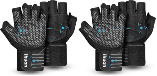 ihuan Ventilated Weight Lifting Gym Workout Gloves with Wrist Wrap Support for Men & Women, Full Palm Protection, for Weightlifting, Training, Fitness, Hanging, Pull ups - color: Black, size: Large (Pack of 2)