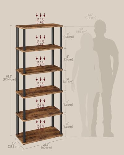 VASAGLE 6-Tier Shelf, Storage Shelves, Bookcase with Shelves, Living Room - color: Rustic Brown + Ink Black, size: 6 Tiers (23.6"W)