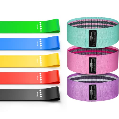 Bundle Set of 8 Resistance Bands for Workout, 5 Latex Exercise Bands and 3 Fabric Booty Bands with 2 Portable Bags