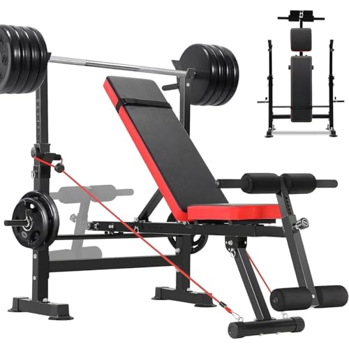 OPPSDECOR 900 LBS Weight Bench Set with Squat Rack, Adjustable Bench Press Set with Leg Extension and Leg Curl, Foldable Flat/Incline/Decline Workout Bench for Home Gym - color: Red