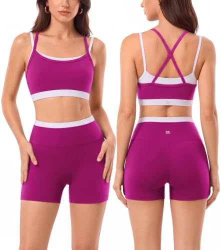 2 Pieces Workout Sets for Women,Seamless Athletic Short with Double Layer Sports Bra,Gym Matching Outfits - color: Pur009, size: Large