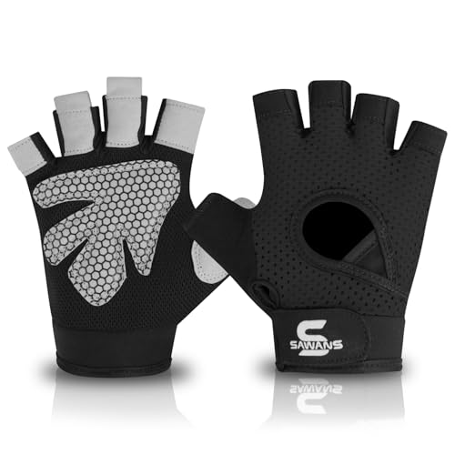 SAWANS Gym Gloves for Men & Women Ladies Weight Lifting Gloves Fitness Workout Breathable Training Non-Slip Grip Silicone Palm Protection Exercise Snug fit Hanging Pull-Ups Dumbbell - color: Black, size: X-Large