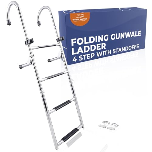 B00365-4 Step Gunwale-Mounted Removable Ladder | Marine 304 Stainless Steel Heavy-Duty Boarding Ladder | Corrosion-Resistant w/Deck Mount Brackets | Non-Slip Steps for Boats & Yachts