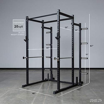 REP Fitness PR-1100 Power Rack Home Gym System, Squat Cage with Attachment Compatibility Multi-Grip Pull Up Bar, Adjustable J Cups, Extended Safeties, 700 lb Capacity, Strength Training Equipment - style: Power Rack + FB-3000 Flat Bench + Weight Storage