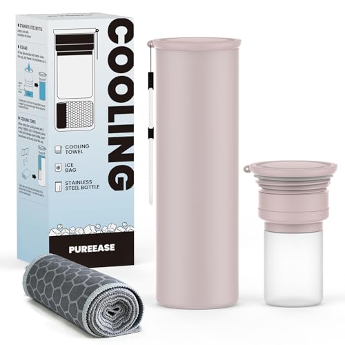 COOLING STATION 3-in-1 Portable Kit: Insulated Stainless Steel Bottle with Reusable Ice Bag & Cooling Towel. Long-Lasting Cold Relief for Daily Commute, Gym, Sports & Outdoor Travel. (pink) - color: Pink