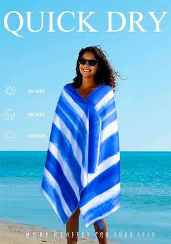 2 Pack Microfiber Lightweight Thin Beach Towel Sand Free Quick Dry Super Absorbent Large Towels for Swimming Pool Yoga Gym Travel Vacation Beach Accessories Essentials Stripes - color: 2 Pack Blue Stripes
