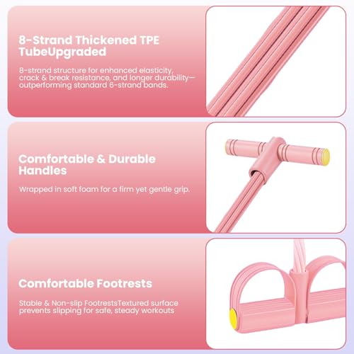 Upgraded 8-Tube Multifunction Foot Pedal Resistance Band (Pink), Enhanced Tension Sit Up Pull Rope, Abdominal Trainer for Home Gym, Full Body Workout Equipment for Core Leg Arm Waist Strength Training