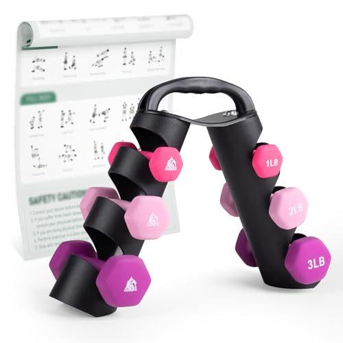 LIONSCOOL Set of 2 Neoprene Coated Dumbbell Hand Weights, Anti-Slip and Anti-Roll Hex Dumbbells in Pair for Strength Training, Resistance Training - style: 12lb, set of 6 with stand (Rosy Vigor)