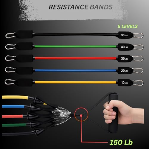 Resistance Bands Set 11 pcs - Up to 150 lbs with Handles, Door Anchor, Ankle Straps & Carry Bag - Home Gym & Strength Training