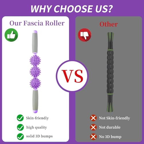 Fascia Muscle Roller, Cellulite Massager for Sore Muscles, Neck, Leg, Back, Pressure Trigger Point Body Deep Tissue Massage Stick Tools, 3 Massage Balls, Purple - color: Purple