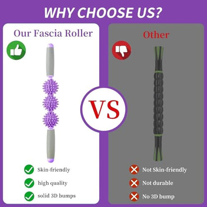 Fascia Muscle Roller, Cellulite Massager for Sore Muscles, Neck, Leg, Back, Pressure Trigger Point Body Deep Tissue Massage Stick Tools, 3 Massage Balls, Purple - color: Purple