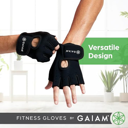 Gaiam Fitness Fingerless Gloves for Weight Training (Black/Black), Padded Palm, Breathable Mesh, Adjustable Velcro Fit & Comfort Grip for Weight Lifting, Workout Gloves for Men & Women - size: Small-Medium