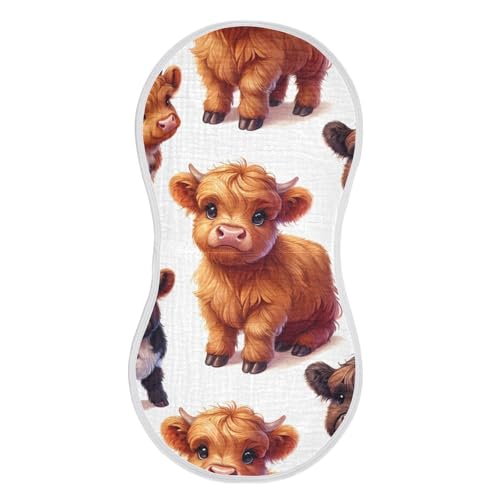 Little Highland Cows Muslin Burp Cloths 2 Pack - Extra Large 22"x11", 4-Layer Soft Absorbent Cotton, Waterproof Backing, Baby Drool Rags for Newborn