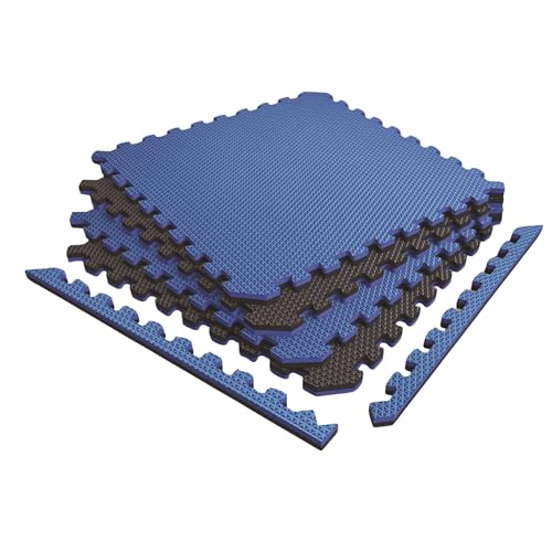 Reversible Exercise Mats 3/4" Thick EVA Interlocking Foam Tiles, Perfect Home Gym Flooring, 4 Tiles & 8 Trim Pieces, 16 Sq. Ft. 24"x24" Dazzling Blue/Black - color: Dazzling Blue/Black, size: 4 Tiles - 16 Sq. Ft.