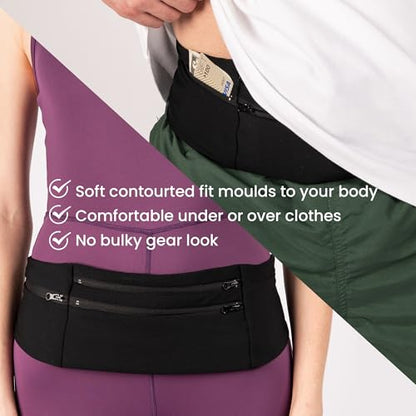 Low-profile Running Belt with Water Bottle Pocket – Adjustable No-Bounce Travel Money Belt and Fanny Pack with 3 Zippered Pockets & Key Clip - Fits Any Size Phone, Passport & More - size: Medium