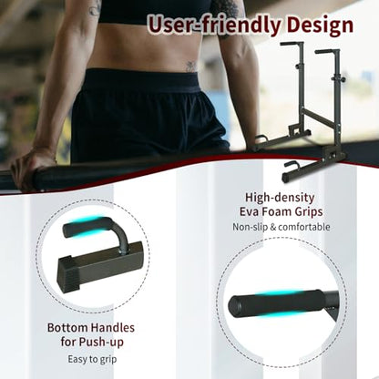 Multifunctional Dip Stand for Muscle Training - Adjustable Height Pull-Up Bar, Tricep Dips, Push-Ups, L-Sit Holds - Sturdy Construction with EVA Foam Grips, Anti-Skid Foot Pads - Exercise Equipment