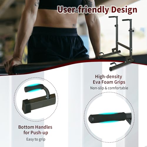 Adjustable Power Tower Dip Stand Station with Bench Pull Up Bar - Heavy Duty Multi-Function Fitness Equipment for Home Gym, Black
