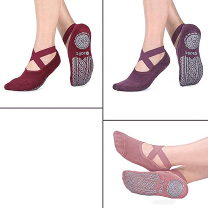 Ozaiic Pilates Socks for Women Non Slip Grip Yoga Barefoot Indoor Workout - color: 3 Pairs-purple/Rose Red/Bean Red