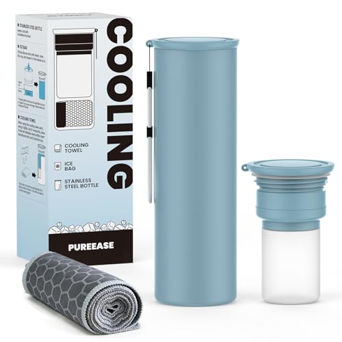 COOLING STATION 3-in-1 Portable Kit: Insulated Stainless Steel Bottle with Reusable Ice Bag & Cooling Towel. Long-Lasting Cold Relief for Daily Commute, Gym, Sports & Outdoor Travel. (Gray-green) - color: Gray-green