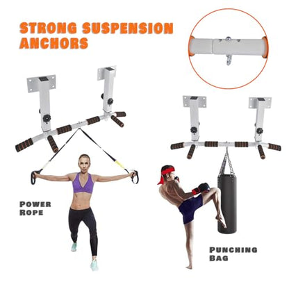 Wall Mounted Pull Up Bar Chin Up bar Multifunctional Adjustable Dip Station for Indoor Home Gym Workout, Power Tower Set Training Equipment Fitness Dip Stand Supports to 440 Lbs (White)