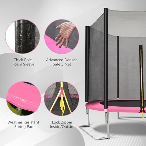 1500LBS 10FT 12FT 14FT 16FT Trampoline for Kids Adults with Basketball Hoop, Enclosure Net, Sprinkler, Lights, Disco Ball with Music Speaker, Heavy Duty Trampoline Outdoor Trampolines - color: Pink - 8 Foot