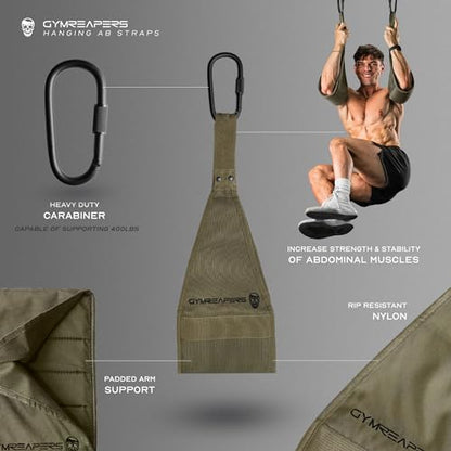 Gymreapers Hanging Ab Straps for Pull-Up Bar - Hang Bar Assist Strap & Strength Workout Equipment, Padded Adjustable Arm Supports with 2 Steel Carabiners for Leg Raises, Abdominal & Core Training