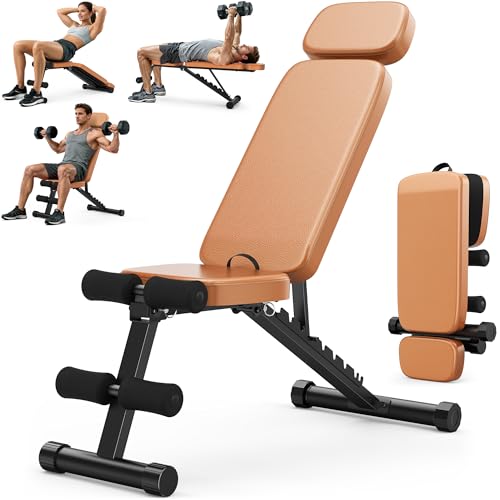 XDDIAS Workout Bench, 10 Backrests Adjustable Weight Bench with Extended Headrest, 800LBS Foldable Weight Bench for Home Gym, Incline Decline Flat Bench Compact for Small Space Training - color: Brown