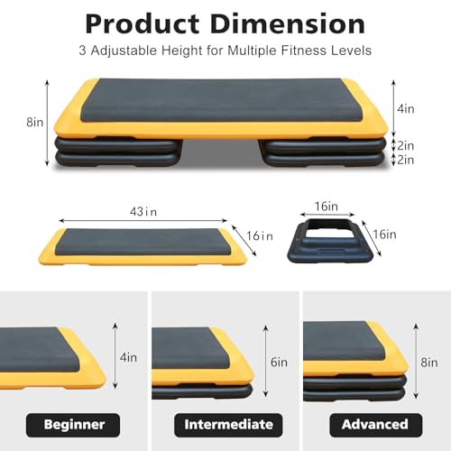 43''Inch Adjustable Aerobic Exercise Step Platform with 4 Stackable Risers - Home Gym Fitness Stepper for Cardio, Strength Training