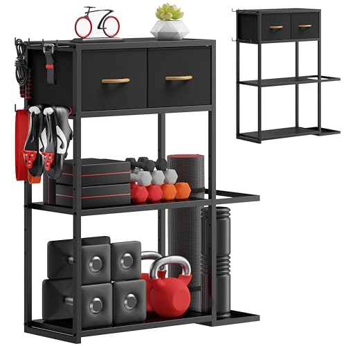 Home Gym Storage Shelf Stand Only, Adjustable Weight Rack for Dumbbells Plus Extra Upper Drawer, for Weight, Mat and Workout Equipment, Large Capacity Gym Organizer with 4-Tier, Easy-assembly