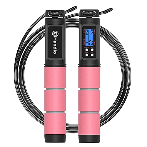 Jump Rope, H Handio Jump Rope with Counter, Workout Jumping Rope with Steel Ball Bearings, Adjustable Length Speed Skipping Rope for Men Women Kids Home Gym, Crossfit, Fitness Exercise - color: Pink
