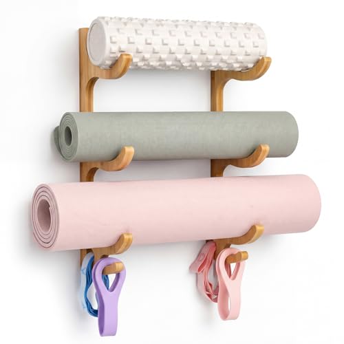 Junkin Yoga Mat Holder Wooden Wall Mount, Yoga Mat Gym Equipment Storage with 4 Hook Storage Holder for Hanging Foam Rollers and Resistance Bands for Home Gym or Fitness Class - color: Brown, style: 3 Tier