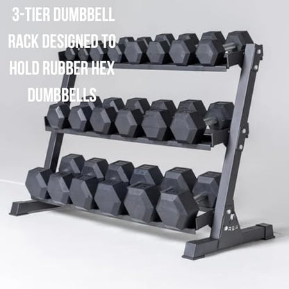 Rep Fitness Dumbbell Rack | 3-Tier Compact Holder | Fits Sets 5-50 lb | Weight Storage Stand | Rubber Hex Organizer | Free Weights Shelf | Heavy Duty Steel Frame | Gym Equipment for Home