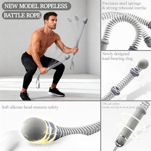Ropeless Battle Ropes for Exercise Workout Rope, Portable Workout for Home Gym, Exercise Battle Ropes for HIIT Workouts, Low-Impact Cardio Training (Grey with Ring) - style: Grey with ring