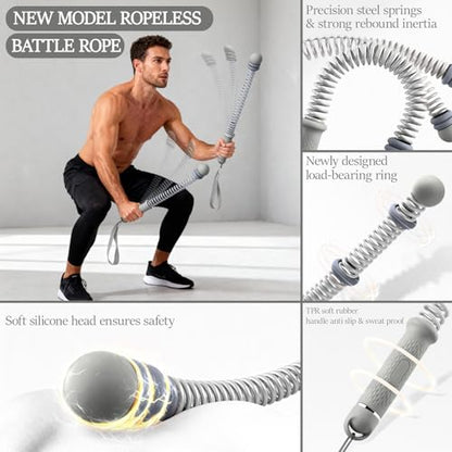 Ropeless Battle Ropes for Exercise Workout Rope, Portable Workout for Home Gym, Exercise Battle Ropes for HIIT Workouts, Low-Impact Cardio Training (Grey with Ring) - style: Grey with ring