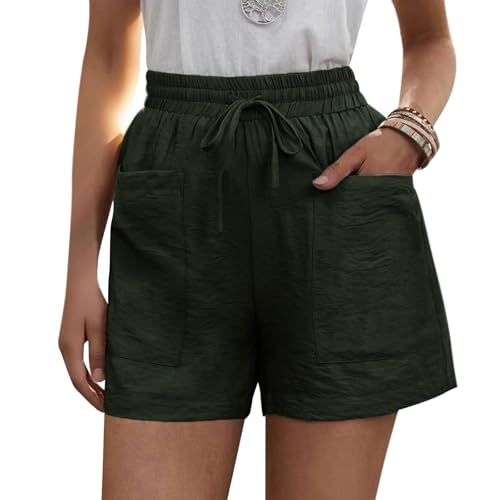 Linen Shorts for Women Drawstring High Waist Casual Wide Leg Loose Fit Summer Beach Shorts 2025 with Pockets - color: Army Green, size: Medium