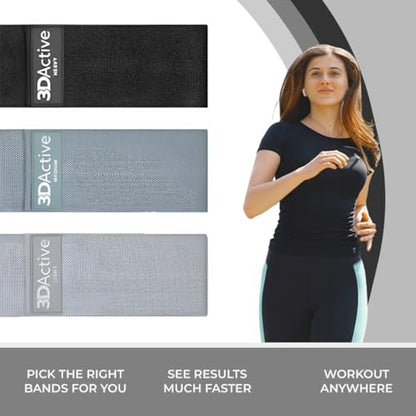 3DActive Fabric Resistance Bands for Legs & Butt. Wide Non-Slip Hip Band Set for Home & Gym Workouts. Exercise Guide & Carry Bag Included. - color: Black, Dark Grey, Light Grey